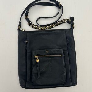 Elliott Lucca Gwen black butter-soft leather flat crossbody gold chain accent